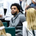 Former Michigan State basketball player Miles Bridges looks on during the first half in the game against Indiana on Tuesday, Feb. 21, 2023, at the Breslin Center in East Lansing.